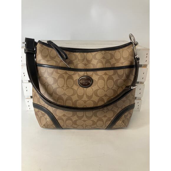 COACH F19823 TAN  SIGNATUE PRINT PVC LEATHER SHOULDER BAG - Picture 1 of 16